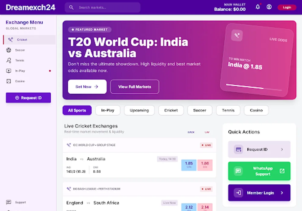 Dreamexch24 guide dashboard showing ID access, login and mobile support on a navy and gold theme