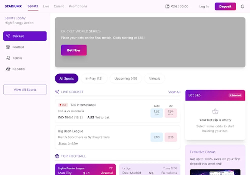 Sports exchange guide showing cricket, football, tennis and kabaddi access cards
